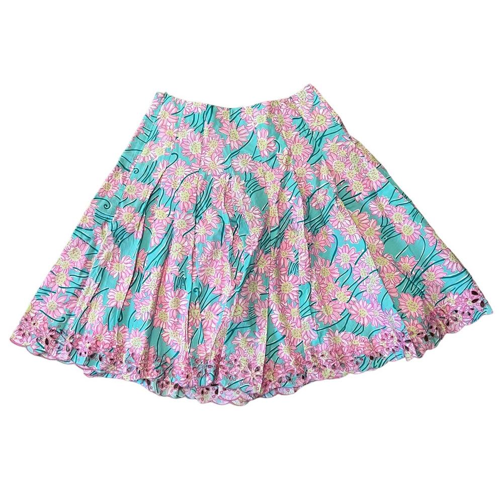 Vintage Lilly Pulitzer Aqua Blue Pink Floral A-Line Eyelet Hem Pleated Skirt 4